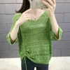 Hollow Thin Knit Sweater Women Loose Large Size Drawstring V-neck Solid Color Bat Sleeve Jumpers Pullover Female Spring Summer 210427