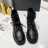 Interlocking Black Ankle Biker chunky platform flats combat Boots low heel lace-up booties leather chains logo buckle women