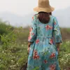 Johnature Kadınlar Vintage Baskı Çiçek Bandaj Elbise V Yaka Yedi Kollu Cornes Yaz Rami Yüksek Kalite Kadın Elbise 210521