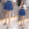 zoki夏の女性デニムスカートファッション弾性ハイウエストAライン韓国のジーンズ原因ボタンカワイイプレッピーガールブルー210708