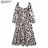 Zevidade Mulheres Vintage Vintage Collar Leopardo Imprimir Pregramas Casuais Midi Vestido Feminino Voltar Zíper Hem Ruffles Party Vestidos DS8848 Y1204