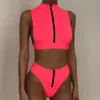 Bikini a vita alta Mujer Costume da bagno verde neon Collo femminile Costumi da bagno Donna Cerniera Crop Top Costume da bagno sexy Bagnanti 210520