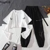 Neploe Korean O Neck Long Sleeve Crop Top Spring Overalls Suit Women's Loose Slim Fit High Waist Casual Sports Pants Two-piece 210422
