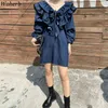 Woman Mini Dress Vintage Ruffles Vestidos Mujer Korean Fashion Robe V-neck Loose Puff Sleeve Denim Dresses Women 210519