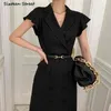 Robe de femme élégante à volants manches noires chic double boutonnage fête es vestido coréen business luxe long 210603