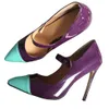 Handmade Large Size US5-15 Ladies High Heels Dress Shoes Patent Leather Twotones Mary Janes Evening Daily Wear Fashion Court Pumps D661-3 Purple-Blue