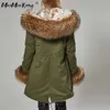 Mode Dames Parkas Konijnenbont Voering Hooded Lange Jas Uitloper Leger Groen Grote Wasbeer Kraag Winter Warm Jas DHL 211018