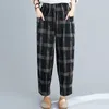 Printemps automne Arts Style femmes taille élastique lâche Vintage pantalon coton lin Plaid décontracté Harem grande taille S46 210512