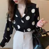 Bahar Uzun Kollu Şifon Bluz Kadınlar Gevşek V Boyun Kadın Gömlek Polka Dot Kore Ofis Bayanlar Üstleri Gömlek Blusas 8767 210512