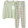 ATUENDO Automne Mode Vert Soie Pyjamas Ensembles pour Femmes 100% Coton PJS Atoff Accueil Vêtements De Nuit Hiver Satin Doux Pure Nuit 210809