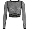 Sexy See Through Hollow Out Lace Up Perspective Mesh Fishnet Tee Femmes Cross Bandage Tops à manches longues T-shirt 210510