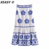 XEASY – jupe en lin brodée bleue pour femmes, taille haute, fermeture éclair latérale, Vintage, mi-longue, mode, ourlet à volants, été, 220224