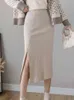 Surmiitro мода зима теплая вязать MIDI длинный карандашный юбка женщин корейский стиль средняя длина высокая талия боковая щелковая юбка женская 21120