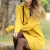 レディースルーズロングパーカーソリッドレッドスウェットファーファッションカジュアル秋ポケット巾着スリーブドレス女性210803