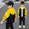 Fashion Teenage Hooded Jackets Spring Fall Children Patchwork Outerwear Trench Coats Toddler Kids Sport Jacket Clothes 8 12Years 210622
