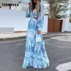 Sexig Criss-Cross Hollow Out Boho Long Drwomen Deep V Neck Ruffle Party DR2021 Vår Sommar Långärmad Maxi Beach Dress X0529