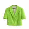BBWM Groene tweedelige bijgesneden Tweed Weven Blazer Vrouwen Lente Elegante Korte Mouw Kantoor Dame Slanke Shorts Short Suit 210520