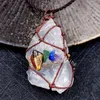 Handmade 7 Chakra Gemstone Chips Pendant on Irregular Natural Clear Quartz Crystal Point Rough Stone Macrame Meditation Necklace with Braided Rope for Men Women