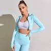 Femmes sans couture Yoga Gym Sports Costumes Fitness Workout Running Vêtements Sportswear À Manches Longues Crop Top Leggings Soutien-Gorge Athlétique Ensemble 210802