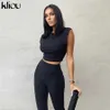 Kliou Solid Sporty Workout Sleeveless Top And Pants Matching Sets Women Clothing Casual Fitness Skinny Slim 2 Piece Outfit 210727