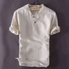 TX166 été hommes T-Shirt rétro Premium lin coton décontracté Simple beau mince respirant col montant à manches courtes hommes t-shirts H1218