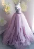 Lilás frisado bola vestido flor menina vestidos para o casamento v pescoço 3d apliques peças pageant vestidos de tule varredura trem crianças vestido de baile
