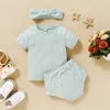 Summer Born Infant Pajacyki Dziewczynka Ubrania Krótki Rękaw Koszulka Koszulka Koszulki Koszulki Do Włosów Solid Girls Three Piece Set 210629