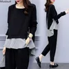 Black Two Piece Set Women Striped Splicing Long Sleeve Tops And Harem Pants Sets Casual Office Korean Ladies Suits 210930