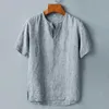 Men's Casual Shirts Men Short Sleeve Linen Collarless Soft Dress Loose Holiday Top Tee Work Shirt Striped261J