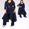 3 Piece Mother Of The Bride Pant Suits With 3/4 Lace Sleeves Jacket Ankle Length Formal Evening Gowns Plus Size Wedding Guest Dresses