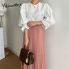 Yitimuceng 2 Piece Blouse and Skirt Women Suit Office Lady White Shirts High Waist Pink Pleated Maxi Skirts Spring Fashion 210601