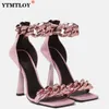 Zwart vierkante teen sandalen vrouwen unieke dunne hoge hakken rug rits open tenen metalen kettingen decor baan Sandalias Big Plus Szie 43 Olouk74