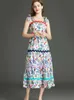 Богемное печать платье слинг платье женщин квадратный воротник без рукавов мода высокая талия хит цвет платья женщины 210529