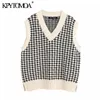 Femmes Mode Surdimensionné Houndstooth Tricoté Gilet Pull Sans Manches Côté Vents Femme Gilet Chic Tops 210420