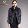 High Quality Real Fur Coat Fashion Genuine Rabbit Fur Overcoats Elegant Women Winter Outwear Stand Collar Rabbit Fur Jacket 210816