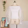 White Blouse Women Sexy See Through Long Lantern Sleeves Tops Thin Transparent Shirt Plus Size Female Evening Birthday Party Top 210527