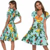 V-hals korte mouwen lace-up bedrukt Boheemse jurk vrouwen kleding zomer knielengte 3342 50 210528