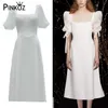 Элегантные белые стильные насыпные посадочные полосы летняя одежда для женщин квадратный воротник платья вечеринки Урожай Vestido de muler 210421