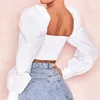 Jocoo Jolee Dames Sexy Puff Sleeve Backless Cropped Tops Cross Criss Lace Up Blouse Elegant Wit Streetwear Shirt Casual Tops 210518