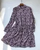 Casual Dresses Purple Printed Slightly Dyed Flower Sea Pleated Large Sleeve Long Lapel Shirt Dress Women