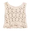 Bianco Beige Tessuto scava fuori Nappa Canotta senza maniche O Collo Estate Solid Bohemian Boho Top Beach B0131 210514