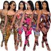 Women Jumpsuits Fashion Casual Belt Wrap Chest Rompers Slim Sexy Printed Sleeveless Leggings Bodysuit 835