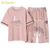 Sleepwear Cotton Summer Pajama Set Pink Elegant Flamingo Printing Plus Size 4XL 5XL Women's Homewear Big s Pyjamas 210809