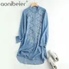 Geborduurde Denim Shirt Jurk Blauw Losse Lente Lange Mouw Zomer Werk Offeur Lady Vestidos Katoen 210604