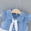 夏の女の子の子供の服かわいいイチゴの網ステッチデニムシャツ襟の赤ちゃんキッズドレス210611