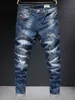 Włoski Styl Moda Mężczyźni Jeans Retro Dark Blue Elastyczna Bawełna Slim Fit Ripped Do Vintage Designer Drelich Ołówek Spodnie 3JLI