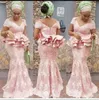 Aso Ebi 2022 Mermaid Prom Dresses V Neck Light Różowy Off Ramię Pepelum Ruffles Koronki Długie Formalne Suknie Wieczorowe Południowej Afryki Kobiety Celebrity Party Dress