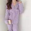 Casual plaid bomull pyjamas två styck passar mjuka snygga sovkläder kvinnor Femme hem chic lösa uppsättningar 210525