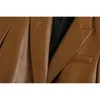 Moda Mulheres Couro Blazer Elegante Senhoras Bolso Pu Jaqueta Streetwear Fêmea Notched Brown Meninas Chic Suits 210427