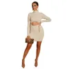 Women 2 Piece Set Dress Designer Sexy High Collar Long Sleeve Top Bandage Hollow Knee Skirt Ladies Fashion Solid Dresses Outfits 2022 New